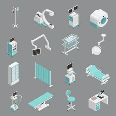 Hastane donanımları izometrik Icons Set 