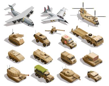 Askeri nakliye izometrik Icons Set 