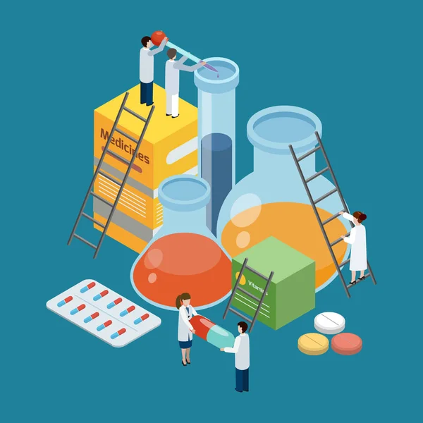 Farmaceutische productie samenstelling isometrische achtergrond — Stockvector