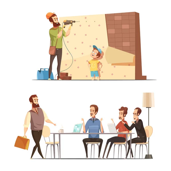 Fatherhood Cartoon Work Family Concept — Stock Vector