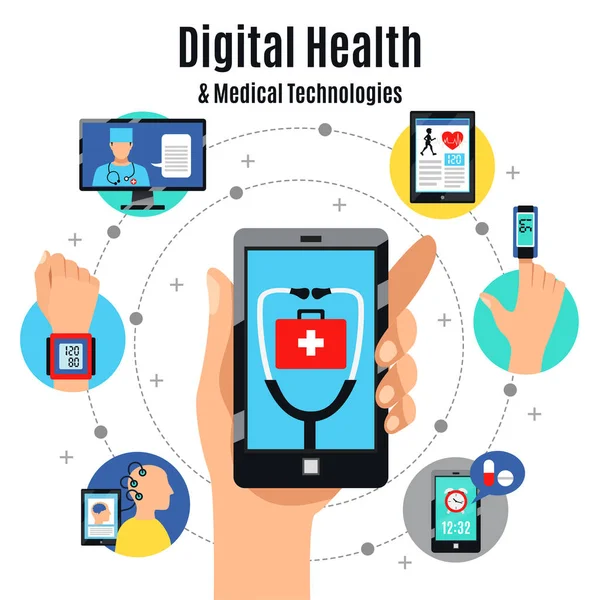 Technologies numériques de la santé Composition plate — Image vectorielle