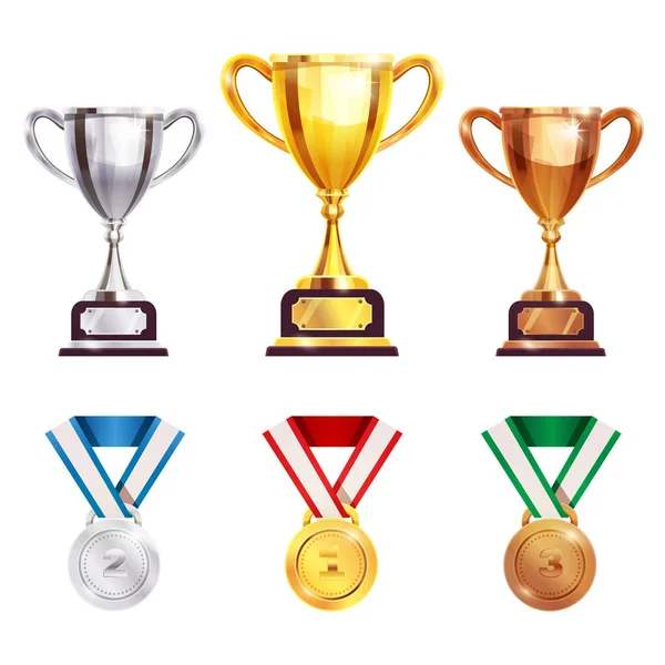 Ödül kupa madalya gerçekçi kümesi — Stok Vektör