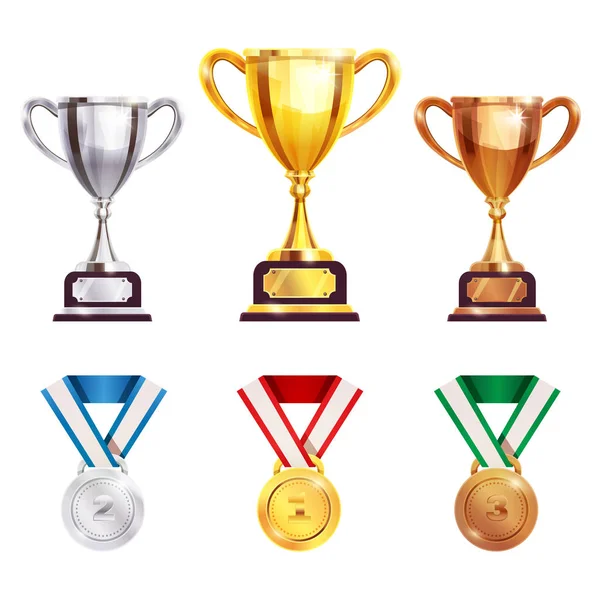 Award Trophy Medal Realistic Set — Stock Vector