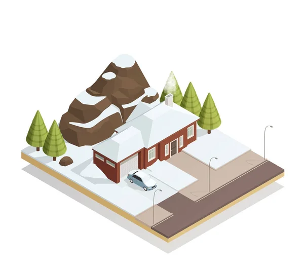 Bungalow de invierno Paisaje Isométrico Composición — Vector de stock