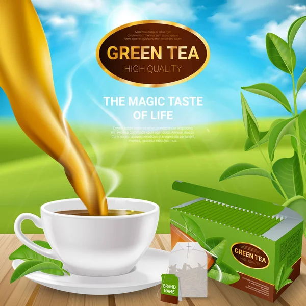 Cartel realista de hojas de té — Vector de stock