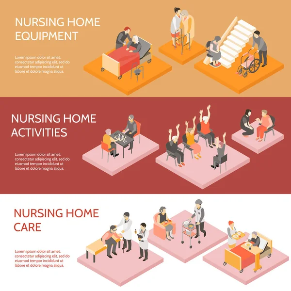 Bannières horizontales isométriques de maison de soins infirmiers — Image vectorielle