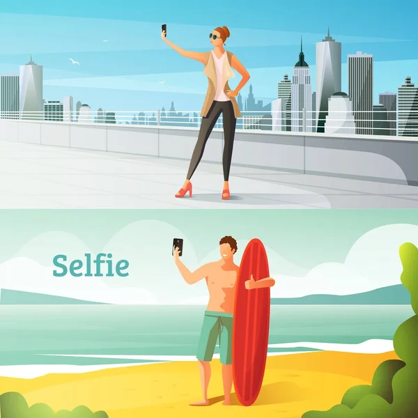 Selfie horizontale Illustrationen eingestellt — Stockvektor