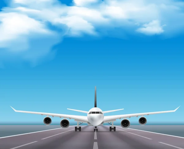 Avião na pista Cartaz realista — Vetor de Stock
