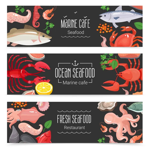 Set di 3 striscioni di frutti di mare freschi — Vettoriale Stock