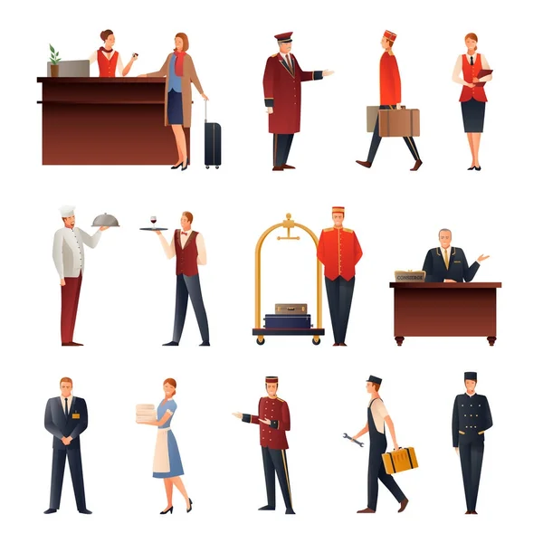 El personal del Hotel plano conjunto de iconos — Vector de stock