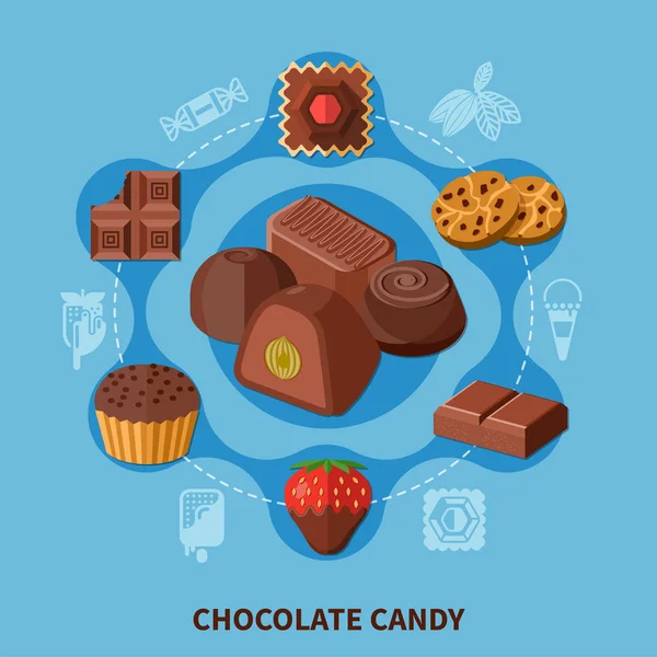Dulces de chocolate Composición plana — Vector de stock