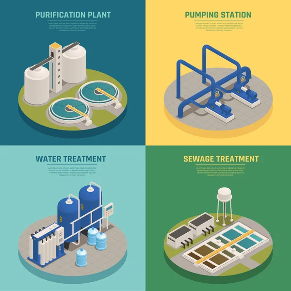 Purificación de aguas residuales Iconos isométricos Cuadrado — Vector de stock