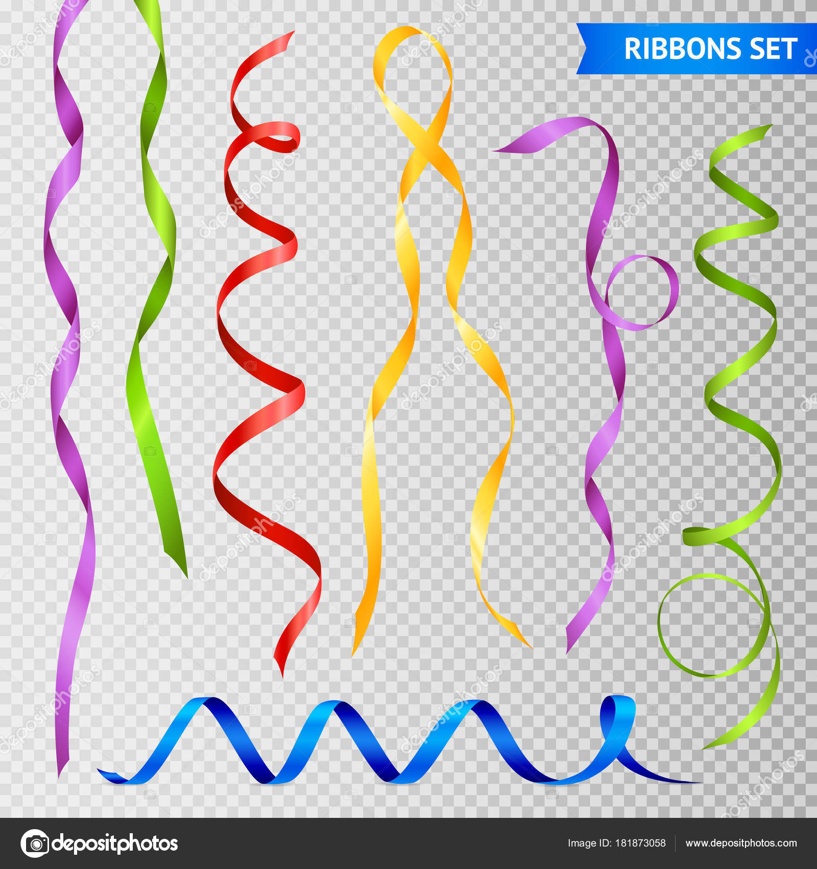 Set of colorful party streamers or ribbons isolated on transparent  background Stock Vector