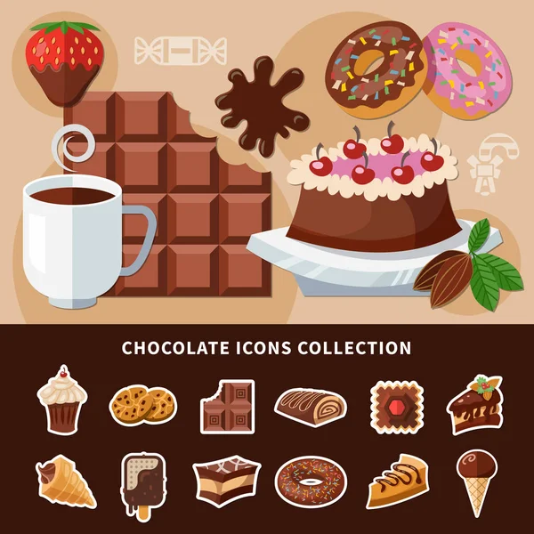 Csokoládé lapos ikonok gyűjtemény — Stock Vector