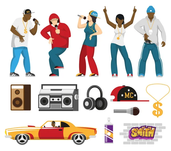 Rap Cantantes Accesorios Set Plano — Vector de stock