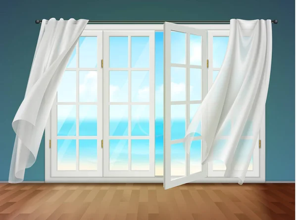 Janela aberta com cortinas Fluttering — Vetor de Stock