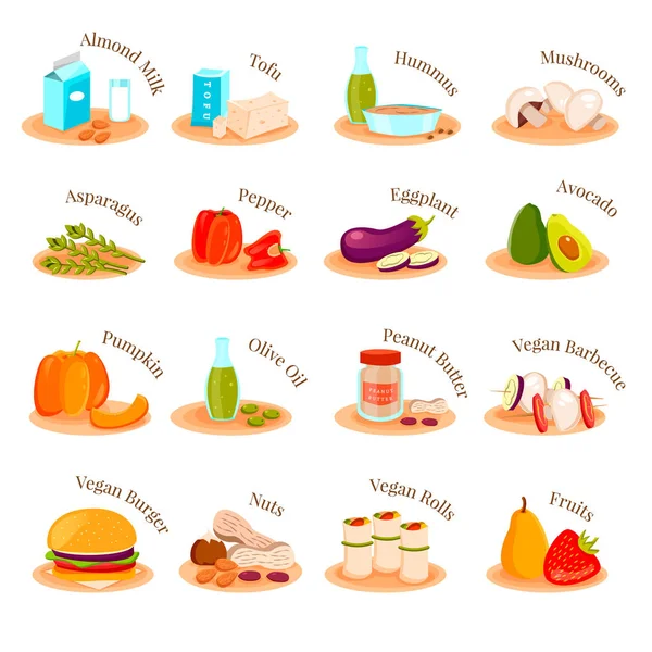 Vegetarianos Vegetarianos Platos Iconos Planos Set — Archivo Imágenes Vectoriales