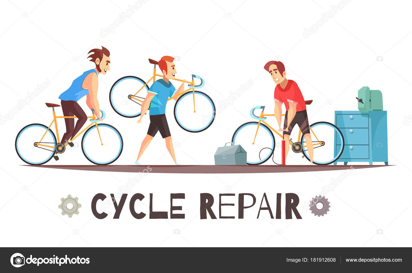 Tyr krans Mellemøsten Cykel reparation Mekanisk tegneserie sammensætning — Stock-vektor  ©macrovector 181912608