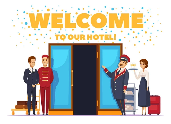 Bem-vindo ao Hotel Cartoon Poster — Vetor de Stock