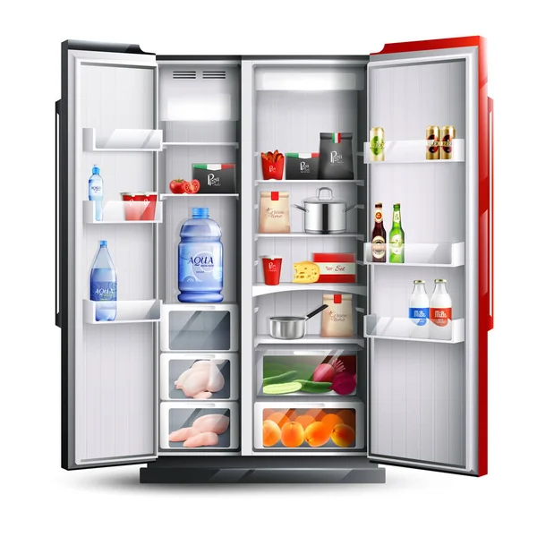 Κόκκινο ανοιχτό ψυγείο με προϊόντα — Διανυσματικό Αρχείο