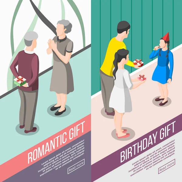 People With Gifts Isometric Banners — Stock Vector