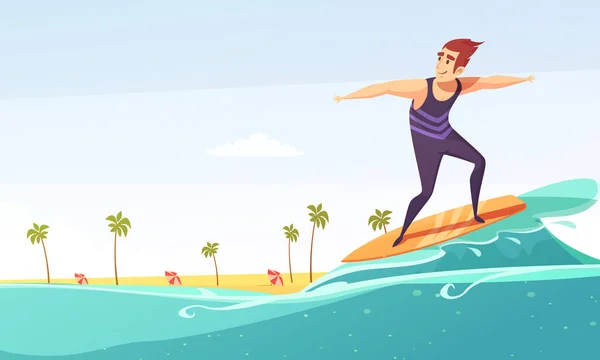 Surfing Tropical Beach Cartoon Poster