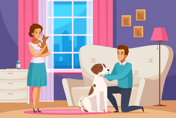 Familjen par med husdjur hemma — Stock vektor