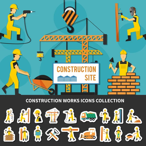Composição plana do trabalhador de construção — Vetor de Stock