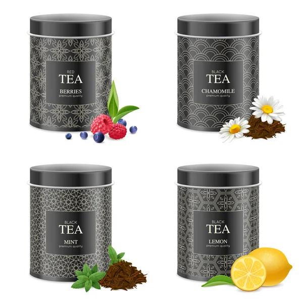 Realistico Blak Tea Tin Set — Vettoriale Stock