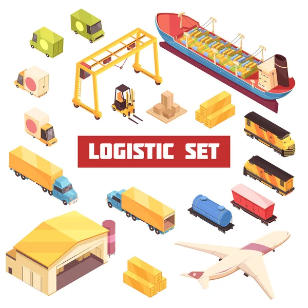 Transporte Logístico Isométrico Elementos Set —  Vetores de Stock