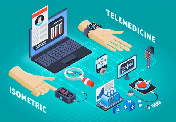 Salud digital Telemedicina Composición isométrica — Vector de stock