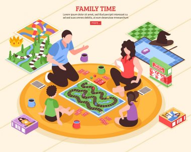 Masa oyunları aile izometrik çizimde 