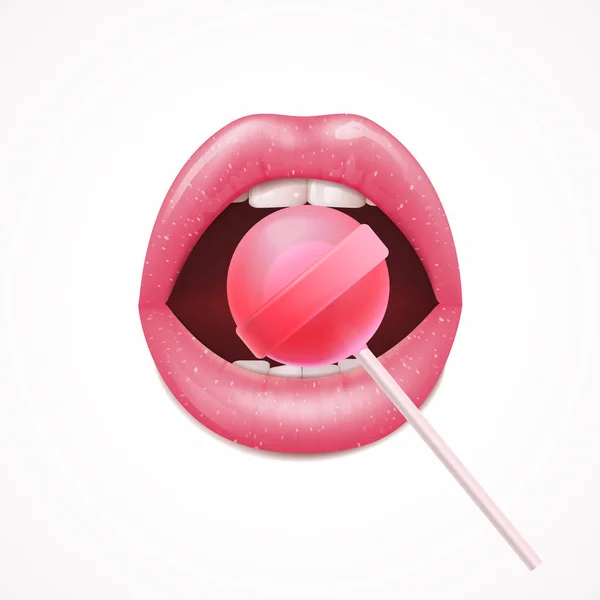Lips With Lollipop Realistic Composition — Stock Vector