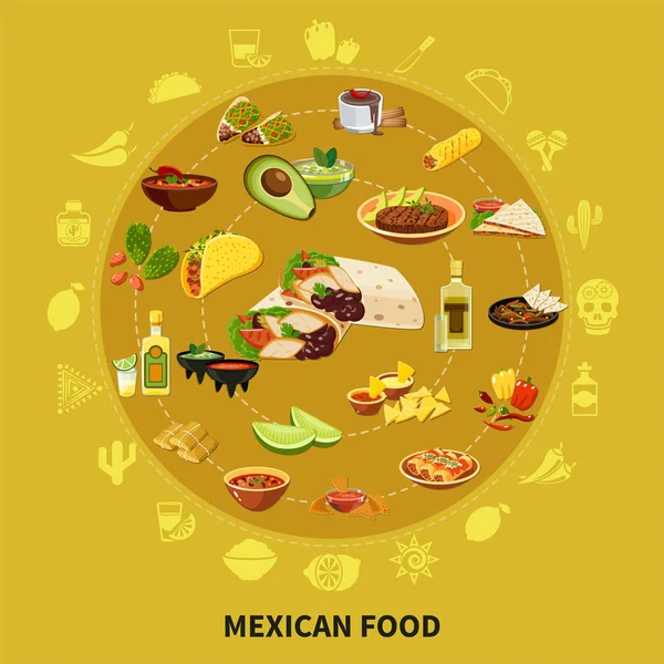 Komposisi Bundar Makanan Meksiko - Stok Vektor