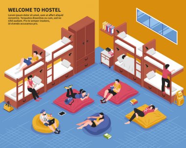Hostel yatak izometrik çizimde