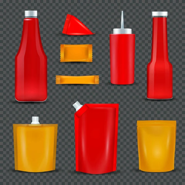 Bouteilles de sauce paquets fond transparent — Image vectorielle