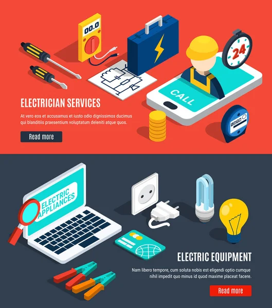 Electricidad Conjunto de pancartas isométricas — Archivo Imágenes Vectoriales