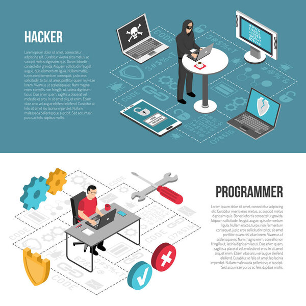 Изометрические баннеры хакеров-программистов

