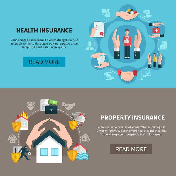 Banners de cuidado médico de propiedad de seguros — Archivo Imágenes Vectoriales