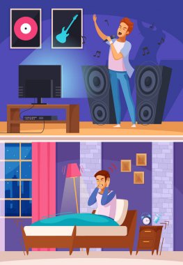 Karaoke karikatür kompozisyon sırasında komşu