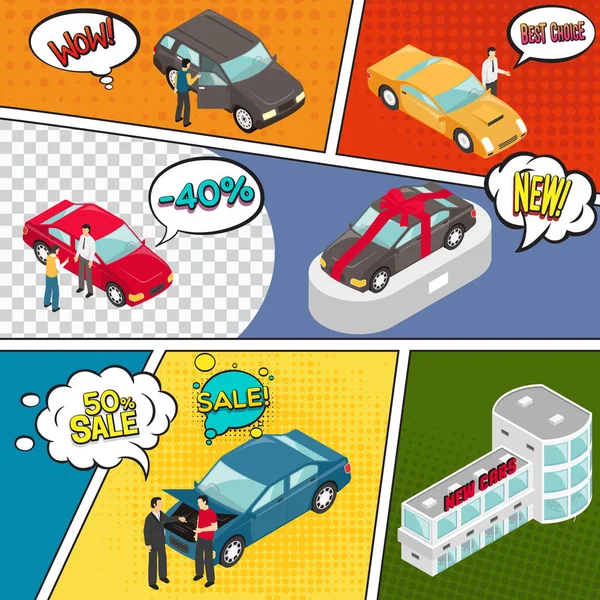 Venta de coches Comic Book Page — Vector de stock