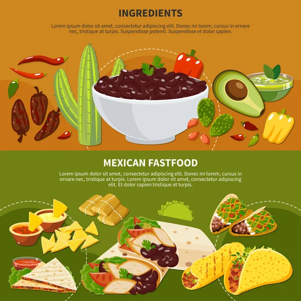 Ingredientes Banners mexicanos de comida rápida — Vector de stock