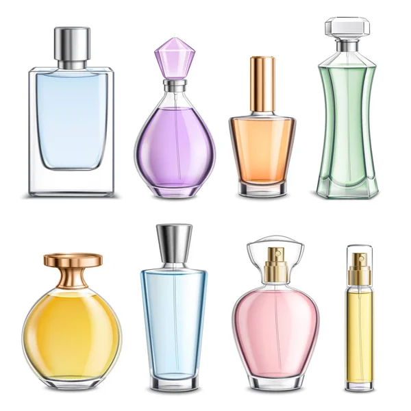 Botellas de vidrio de perfume colorido realista — Archivo Imágenes Vectoriales