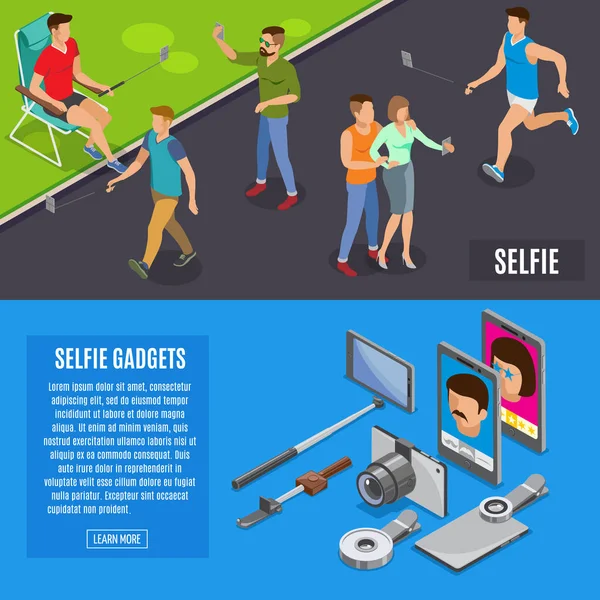 Sociální fotografie Selfie izometrický bannery — Stockový vektor