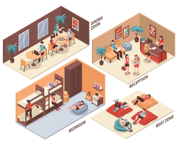 Albergue Habitaciones Isométrico Set — Vector de stock