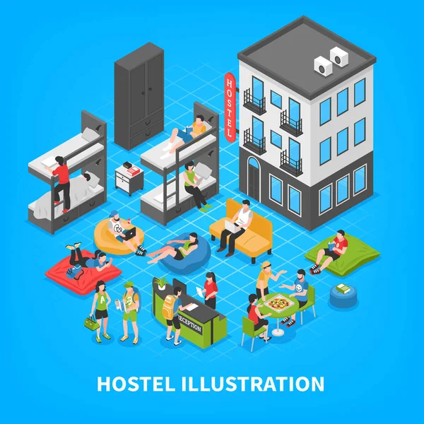 Hostel Isometric Composition — Stock Vector