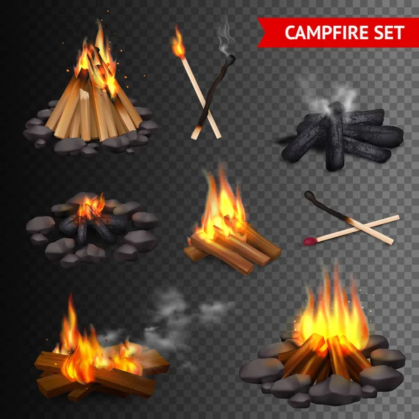 Gerçekçi kamp ateşi şeffaf Set — Stok Vektör