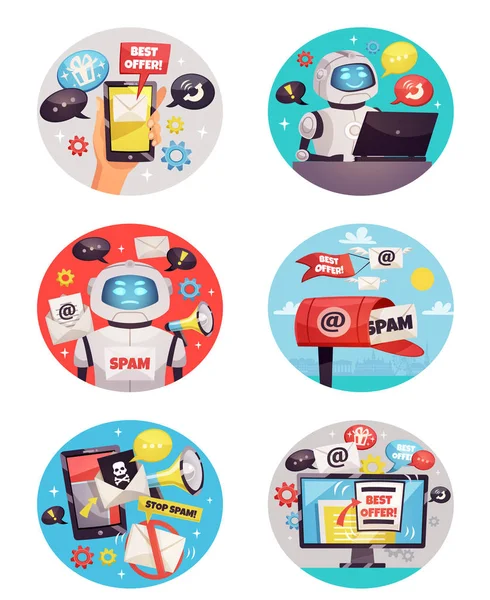 Six Round Spam Bot Icons — Stock Vector