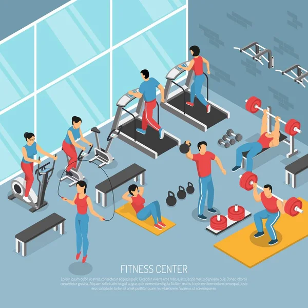 Centrum fitness wnętrza izometryczny plakat — Wektor stockowy