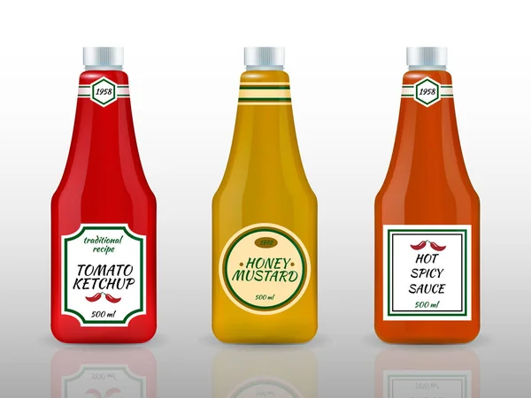 Реалистичная реклама бутылок с соусом — стоковый вектор